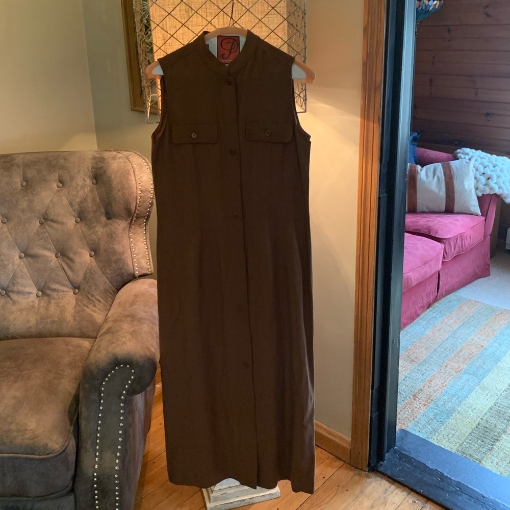 Talbots linen and silk sheath brown button down sleeveless dress